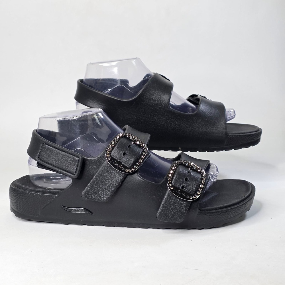 Skechers Arch Fit Black Rhinestone Buckle Sandals Women's 10 Foam Strappy Shoes